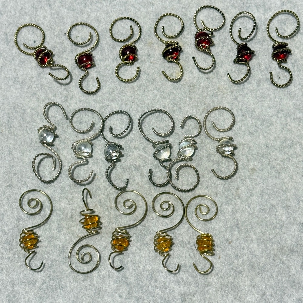Set‎ of 18 Beaded Wire Ornament Hooks Charms Red Clear Amber Swirl Design